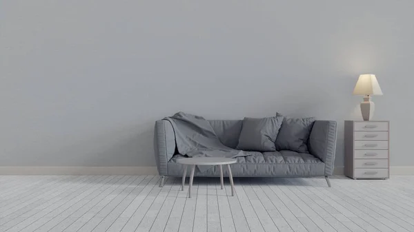 El interior tiene un sofá blanco y una lámpara en el fondo blanco vacío de la pared, representación 3D —  Fotos de Stock