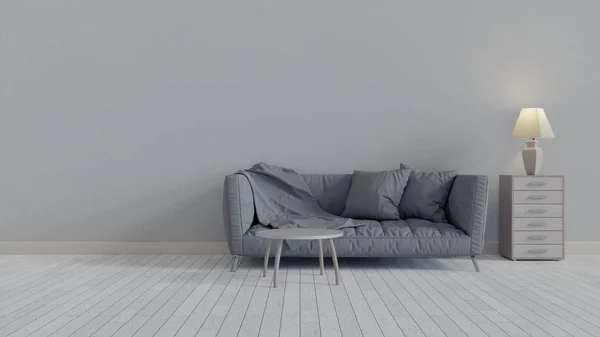 İç tarafında beyaz bir kanepe ve lamba var. Arkaplanı boş, 3 boyutlu.