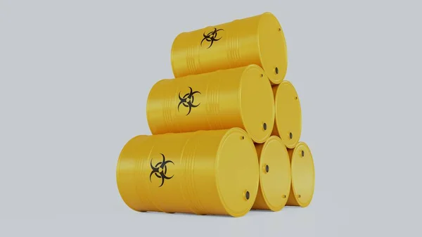 Barili di metallo giallo con scorie radioattive e liquido versato. Concetto di inquinamento. Canne su sfondo bianco — Foto Stock