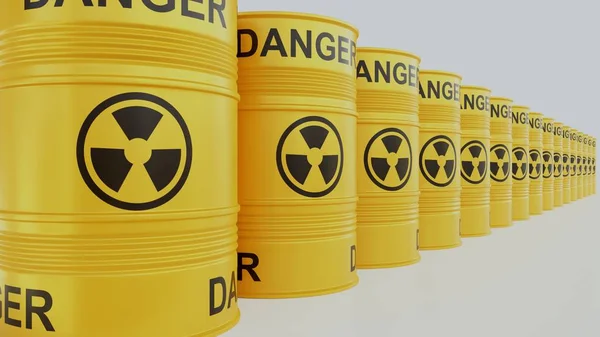 Yellow metal barrels with radioactive waste and spilled liquid. Concept of pollution. Barrels on white background — Stock Photo, Image