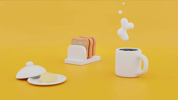 Sarı 3D hızlı kahvaltı, sıcak kahve seti, çırpılmış yumurta, sosis ve pastırma, tereyağı ve ekmek, masada tost ve peçete. Sarı ya da turuncu masa ve bebek oyuncakları. 3d oluşturma