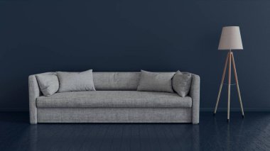 Oturma odasının iç duvarı gri kadife kanepe, mor yastıklar, asılı lamba, vazo ve boş beyaz arka planda kahve masası ile süslenir. 3B görüntüleme.