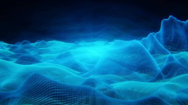 Dinamik dalgalarla soyut bir arkaplan. Büyük veri görselleştirmesi. Ses dalgası elemanı. Müzik için teknoloji dengeleyicisi. 3d oluşturma.