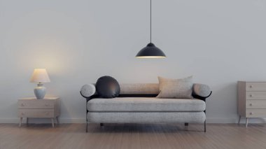 Beyaz, boş duvara karşı bej kanepe. Oturma odasının içinde lambalı bir fotokopi odası var. Oturma odasının içinde kanepe var. 3d hazırlayıcı