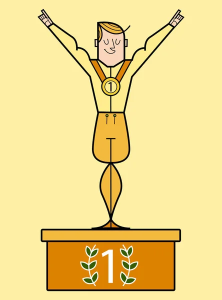 Young Cheerful Caucasian White Sportsman Standing Winners Podium Raised Hands — Stock Vector