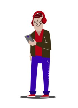 karikatür modern genç adam kulaklık müzik dinlemek ve Smartphone cep telefonu ile vektör çizim sosyal ağlarda iletişim kurar