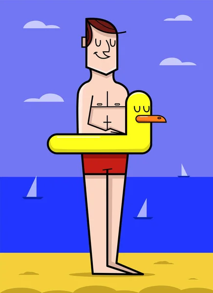 Dessin Animé Jeune Homme Avec Cercle Natation Sur Plage Illustration — Image vectorielle