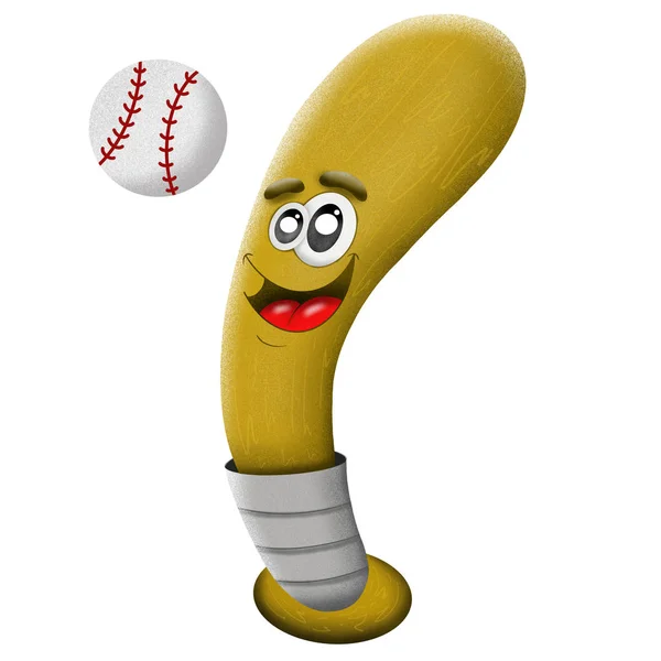Personaggio dei cartoni animati simpatico mazza da baseball in legno e palla su bac bianco — Foto Stock