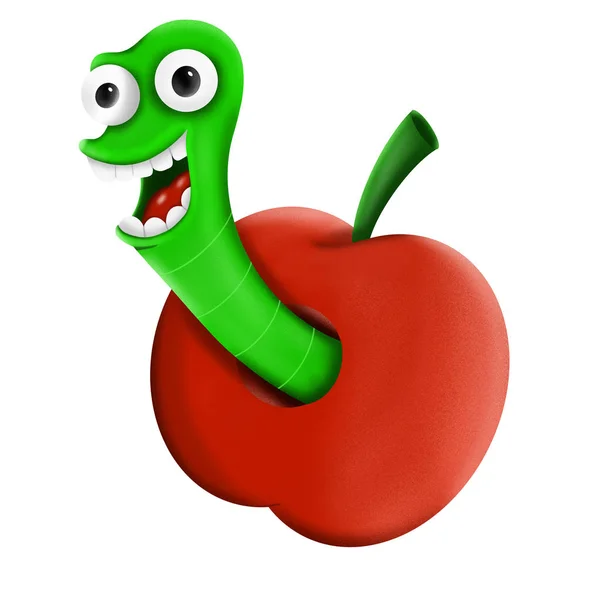 Çizgi film karakteri beyaz backgr üzerinde kırmızı elma yeşil bir solucan — Stok fotoğraf