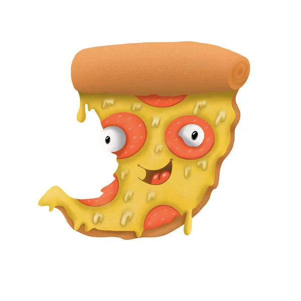 cartoon pizza slice with sausage on white background, illustrati