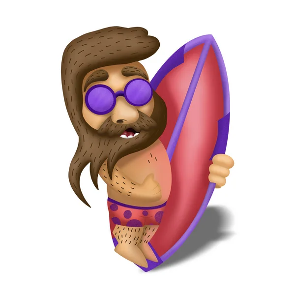 cartoon bearded surfer with a Board on a white background, illus
