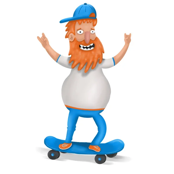 Kreslený skateboardista s bradkou na bílém pozadí, ilustratio — Stock fotografie