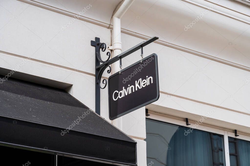 Cannock, Staffordshire, UK  September 9th 2025 Signboard logotype of Calvin Klein, an American multinational clothing retail company at an outlet store