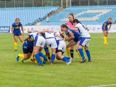 Dnipro, Ukrayna - 23 Haziran 2018: Rugby Europe kadınlar yedili Kupası 2018. Ukrayna ve İsrail takımları