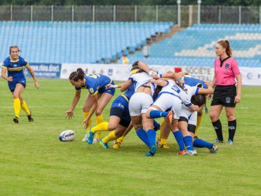 Dnipro, Ukrayna - 23 Haziran 2018: Rugby Europe kadınlar yedili Kupası 2018. Ukrayna ve İsrail takımları
