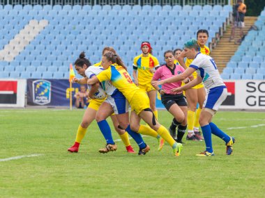 Dnipro, Ukrayna - 23 Haziran 2018: Rugby Europe kadınlar yedili Kupası 2018. Romanya ve İsrail takımları