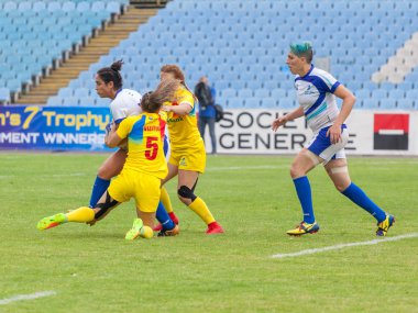 Dnipro, Ukrayna - 23 Haziran 2018: Rugby Europe kadınlar yedili Kupası 2018. Romanya ve İsrail takımları