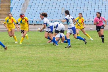 Dnipro, Ukrayna - 23 Haziran 2018: Rugby Europe kadınlar yedili Kupası 2018. Romanya ve İsrail takımları