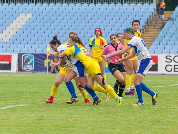 Dnipro, Ukrayna - 23 Haziran 2018: Rugby Europe kadınlar yedili Kupası 2018. Romanya ve İsrail takımları