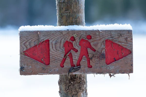 Lakes Fusine Italy December 2018 Closeup Direction Sign Arrows Silhouettes — Stock Photo, Image