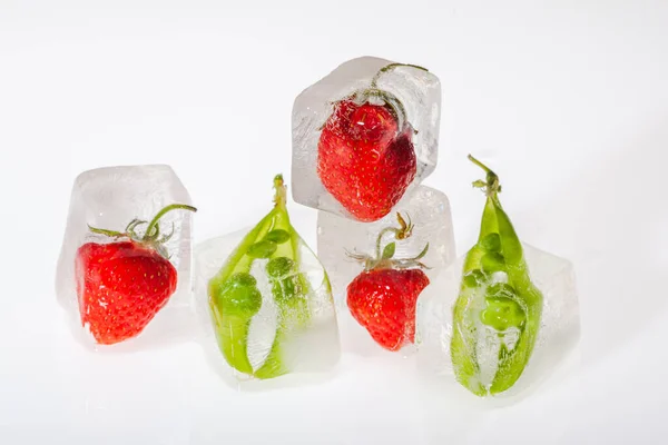 Fresh Strawberries Peas Frozen Ice Cubes White Background Closeup Concept — Stock Photo, Image