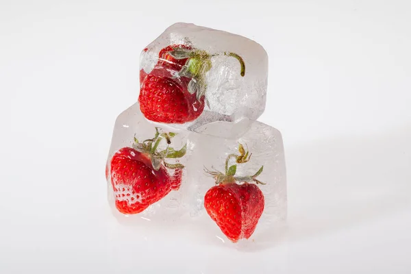 Fresh Strawberries Frozen Ice Cubes White Background Closeup Concept Freezing — Stock Photo, Image