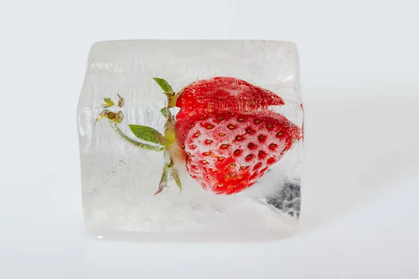 Front View Closeup Fresh Strawberry Frozen Ice White Background Concept — Stock Photo, Image
