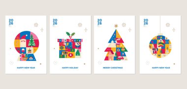 Renkli İskandinav halk sanatı mozaiği tarzında dört Noel ve yeni yıl posterinden oluşan bir set. Tasarımlar arasında Noel Baba 'nın kar küresi, bayram hediye kutusu, Noel ağacı ve şenlikli süs topu yer alıyor.. 