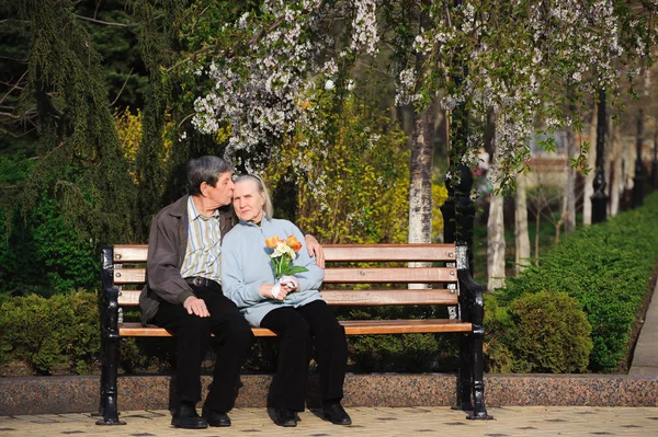 beautiful happy old people sitting in the autumn park