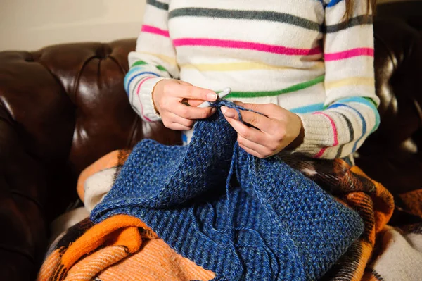 handmade knitting, leisure woman activity. detail photo