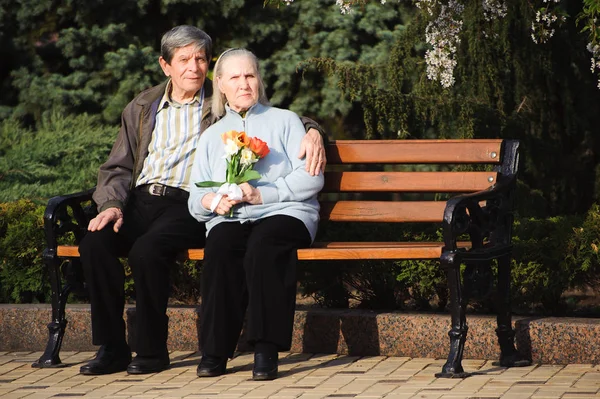beautiful happy old people sitting in the autumn park