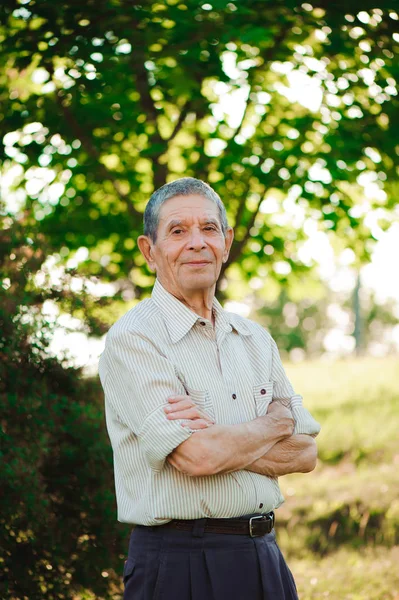 80 year old man posing in the summer park