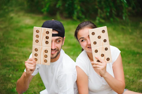 Outdoor games - dominoes, giant outdoor game on green grass