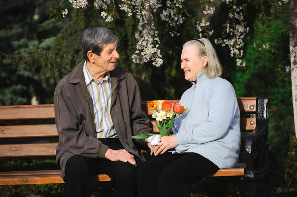 beautiful happy old people sitting in the spring park