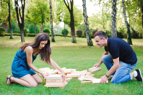 Giant Outdoor Block Game. Group game of physical skill with big blocks.