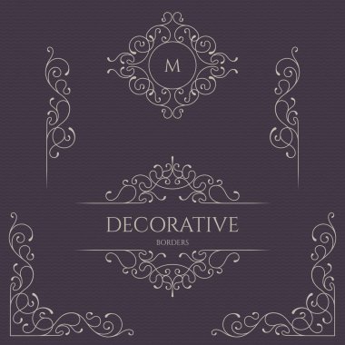 Monogram ve kenarlıklar, kartları, davetiyeleri, menüler, etiketleri için çerçeveler. Grafik tasarım sayfaları, iş işareti, butikler, kafeler, oteller. Klasik öğeleri.