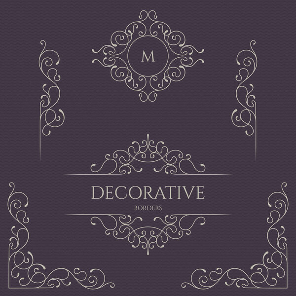 Monograms and borders, frames for cards, invitations, menus, labels.  Graphic design pages, business sign, boutiques, cafes, hotels. Classical elements.