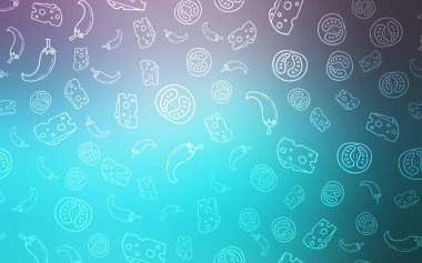 Hafif pembe, mavi vektör arka plan ile lezzetli yemekler. Resimde dizi doodle tarzı taze yiyecek. Mutfakta yemek yemek için şablon.