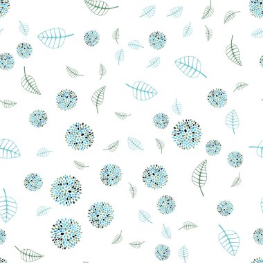 Açık mavi, yeşil vektör sorunsuz zarif duvar kağıdı ile yaprak ve çiçekler. Soyut illüstrasyon yaprakları, çiçekleri karalamalar tarzı ile. İşiniz için yeni tasarım.