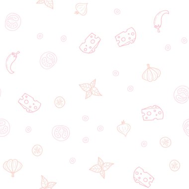 Hafif pembe, sarı vektör sorunsuz arka plan ile lezzetli yemekler. Dekoratif illüstrasyon gıda ile soyut şablonunda parlayan. Reklam, kitapçıklar, broşürler restoranlar için desen.