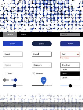 Açık mavi noktalar ile malzeme tasarım kiti vektör. Arka plan üzerinde renkli stil rehberi daireler ile. Web siteleri için basit renkli tasarım.