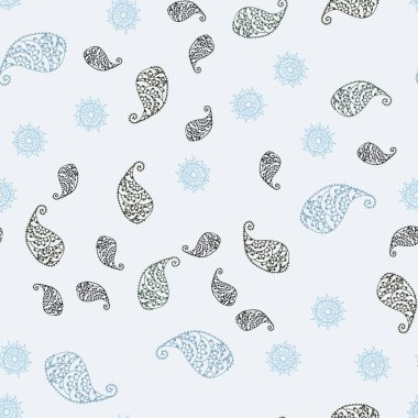 Açık mavi, vektör yaprak ve çiçek ile sorunsuz zemin yeşil. İllüstrasyon soyut şablonundaki karalamalar ile. Yeni bir doku duvar kağıdı tasarımı için.