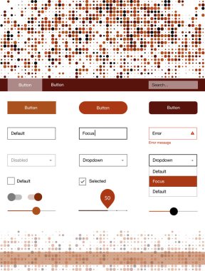 Koyu kırmızı vektör tasarım UI kiti noktalı. Web Kullanıcı arabirimi kiti başlığını soyut degrade daireler ile. Web siteleri için basit renkli tasarım.