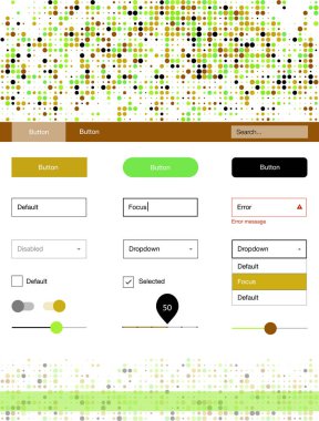 Açık yeşil, sarı vektör malzeme tasarım kiti noktalı. Arka plan üzerinde renkli stil rehberi daireler ile. Web siteleri, açılış sayfaları için güzel düzeni.