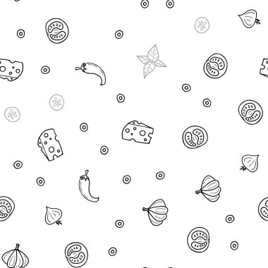 Işık gri vektör taze malzemelerle seamless modeli. Fast Food renkli gradyan ile bulanık arka plan üzerinde. Mutfakta yemek yemek için şablon.