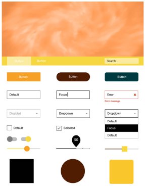 Evren yıldız ışık turuncu vektör tasarım UI kiti. Renkli gradyan gökyüzü onun üstbilgisindeki modern stil kılavuzu. Bu örnek açılış sayfanız için mu.