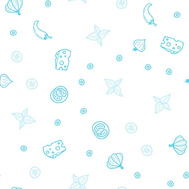 Hafif mavi vektör Restoran gıda ile sorunsuz düzeni. Dekoratif illüstrasyon gıda ile soyut şablonunda parlayan. Mutfakta yemek yemek için şablon.