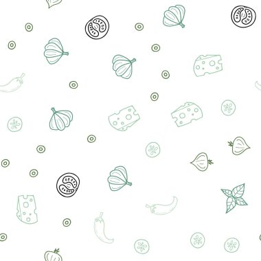 Açık mavi, yeşil vektör sorunsuz kapak mutfak gurme ile. Bulanık dekoratif tasarım doodle tarzı aperatifler. Desen menüsü kafeteryalar, barlar, restoranlar için.