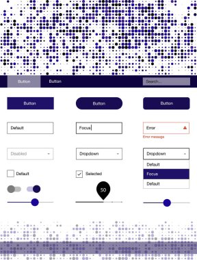 Koyu mor, pembe malzeme tasarım kiti noktalar ile vektör. Arka plan üzerinde renkli stil rehberi daireler ile. Sen-ebilmek kullanma için açılış sayfaları bu şablonu.