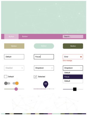 Işık çok renkli vektör tasarım UI kiti mozaik, daireler ile. Web Kullanıcı arabirimi kiti ile soyut üçgenler, başlığını çevrelerde. Web siteleri için basit renkli tasarım.